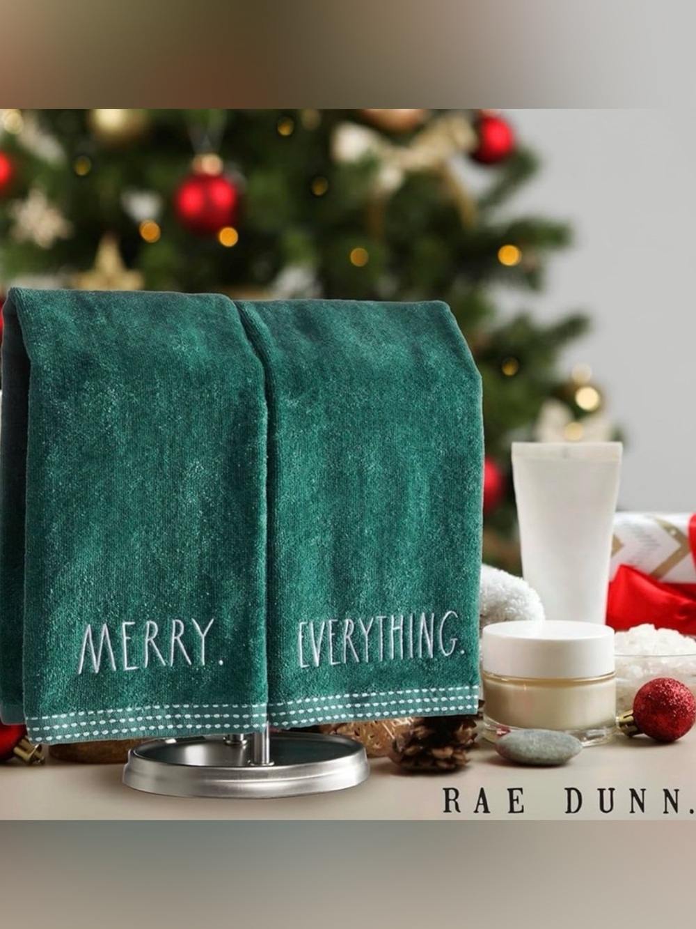 New Rae Dunn Green Towel with White "EVERYTHING." Embroidery